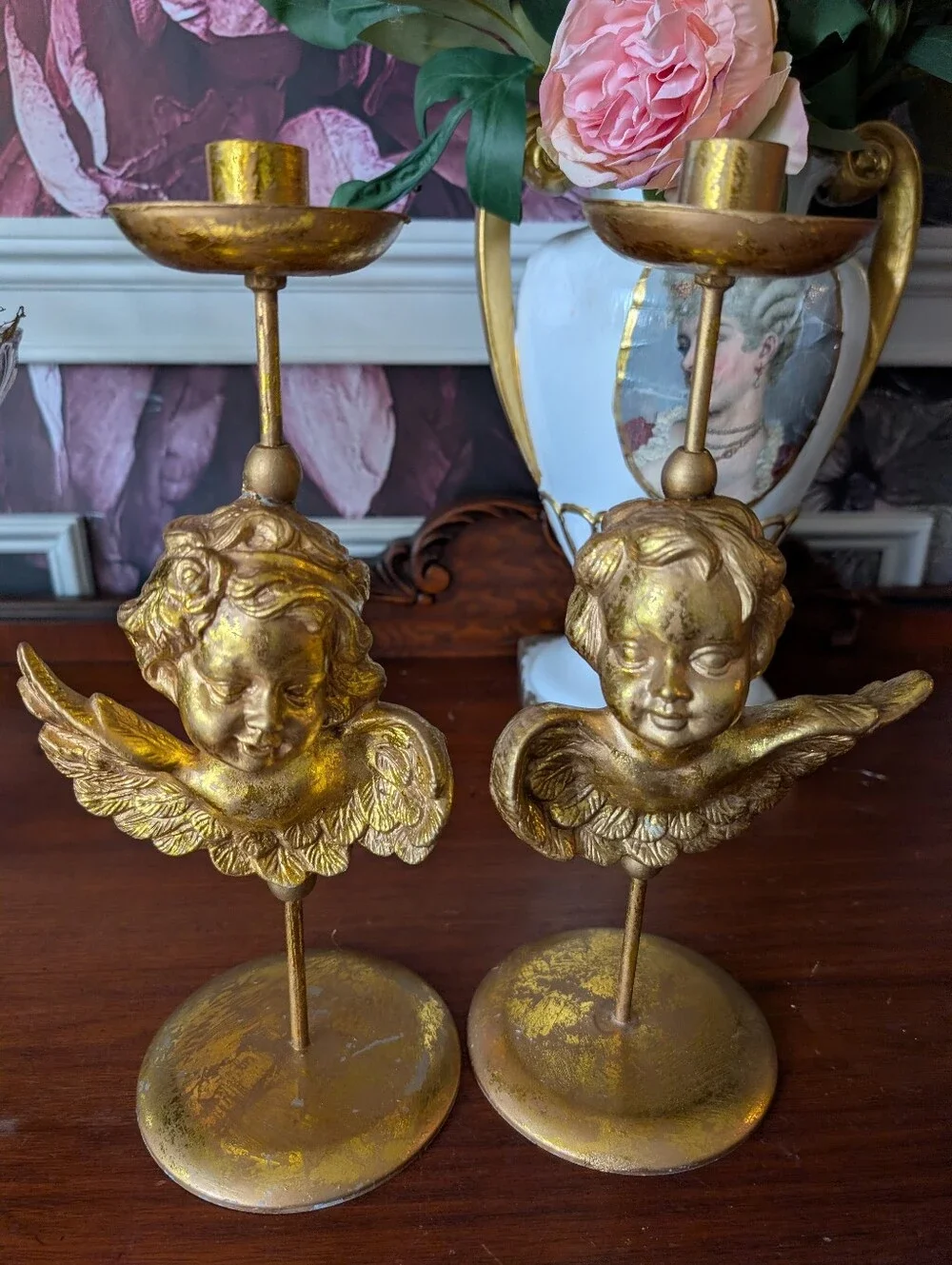 Vintage, set of 2,  Gold gilt metal chalkware cherubs angels candle holders 12